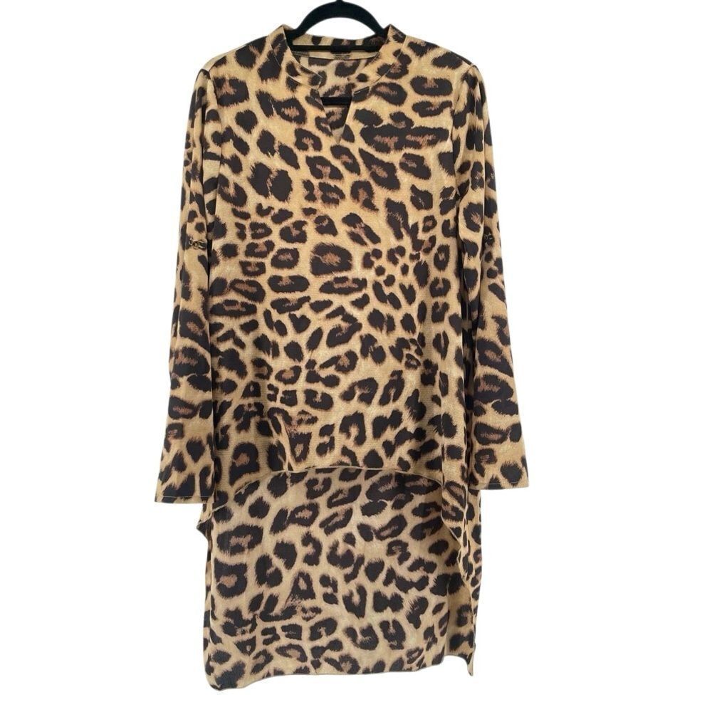 Women’s Leopard Print V-Neck Hi-Low Blouse Roll Tab Sleeve Pullover Large